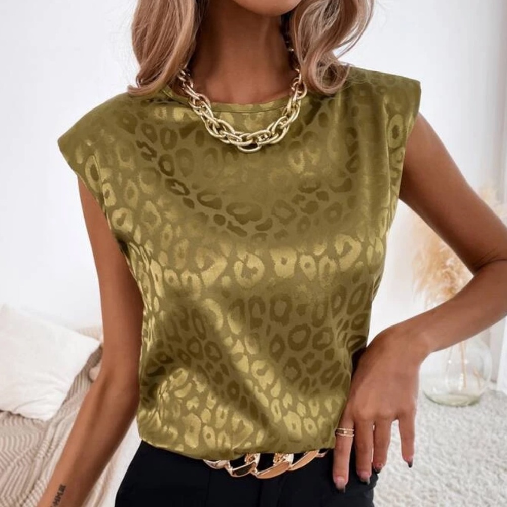 Satin brown leopard print sleeveless blouse - Picture 4 of 15